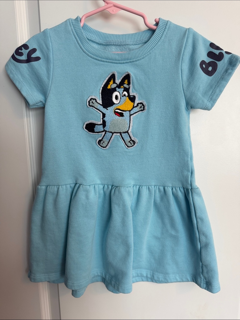 Bluey Sweatshirt Dress Aqua Mint Chenille Patch Gathered Skirt Size 4T
